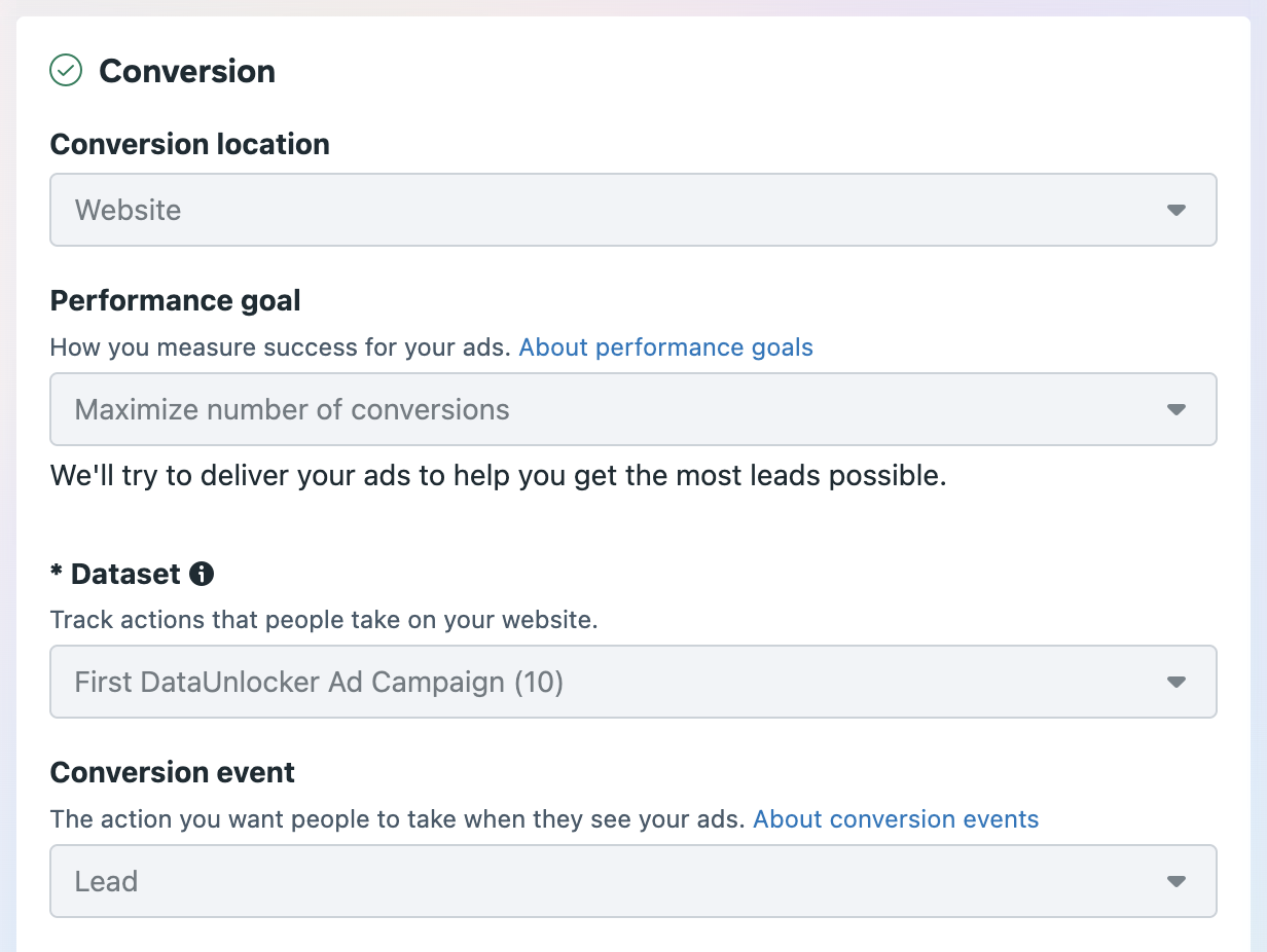 Meta Ads: Conversion location set to 'website' and the performance goal set to 'Maximize number of conversions'. Conversion event set to 'Lead'