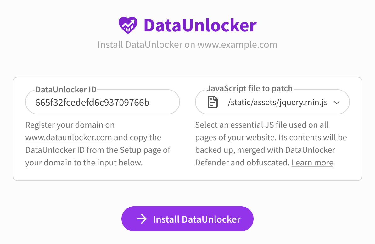 The DataUnlocker plugin interface within the WordPress Admin dashboard