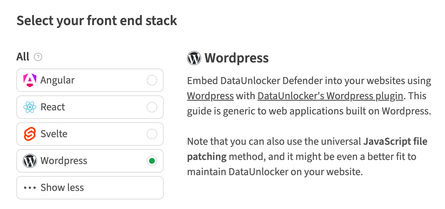 DataUnlocker stacks: Angular, React, Svelte and new Wordpress integration